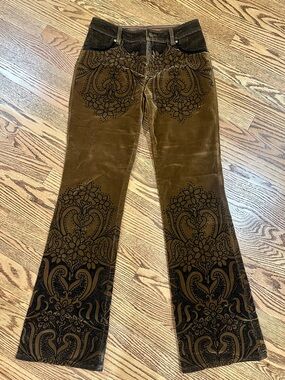 5/48 Women’s Brown Velvet Jeans with Black Paisley Print